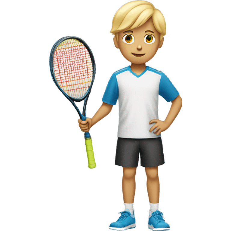 12 years old boy with a tennis racket in his hand. Blonde hair emoji