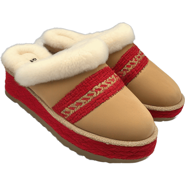 Camel color chunky platform slip-on mule UGG slippers. thin red woven zig-zag trim line detail on the cuff emoji