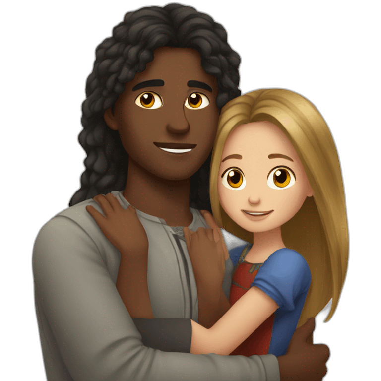 African young man hugging slavic girl with long hair emoji