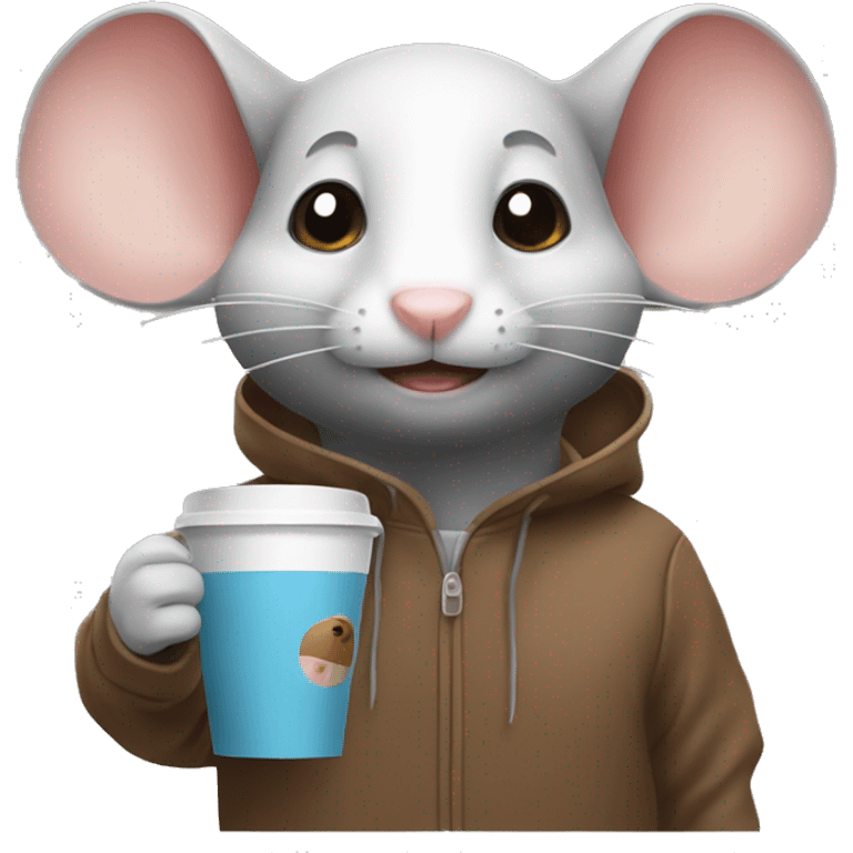 Mouse that brings coffee in the coffee place and has a hoodie emoji