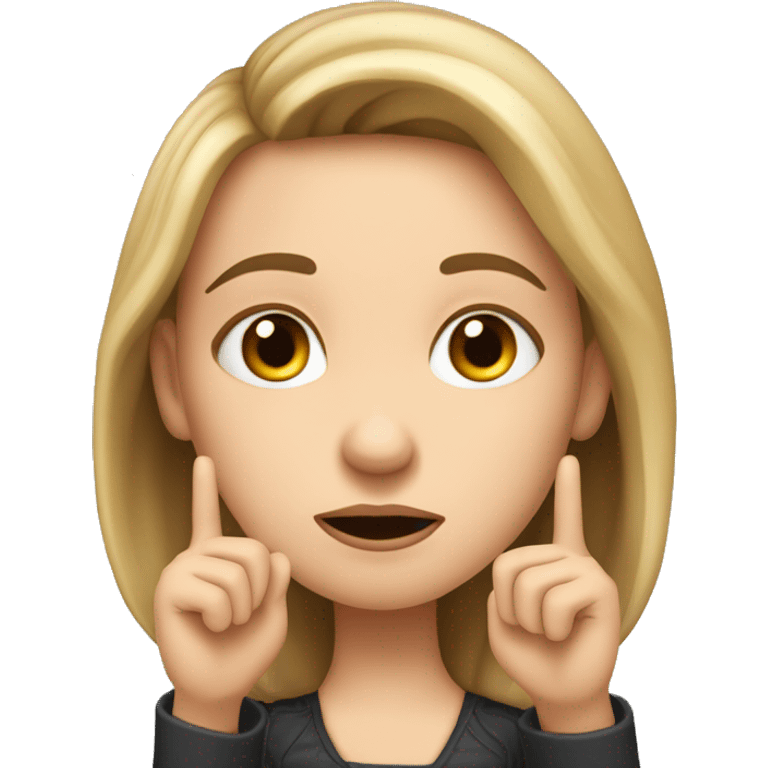 A white girl with an important face brings with two hands with an outstretched index finger to her nose, dissatisfied, two hands showing emoji