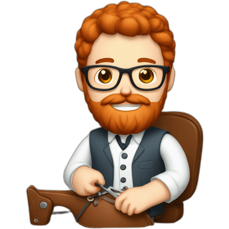 Red smooth haired man with beard and glasses hand sewing a saddle emoji