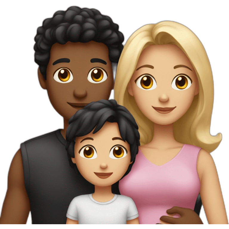 Family of three, woman with black hair, men with black hair, baby girl, 2 cats emoji