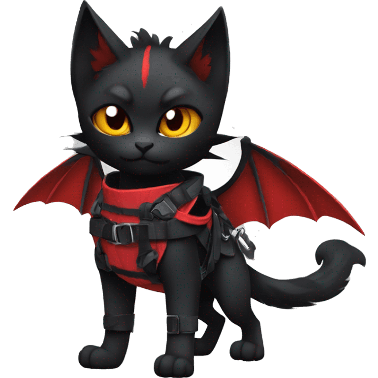 Cool Edgy Ninja Litten-Nargacuga-Cat with black bat-wing-ears with a red harness full body emoji