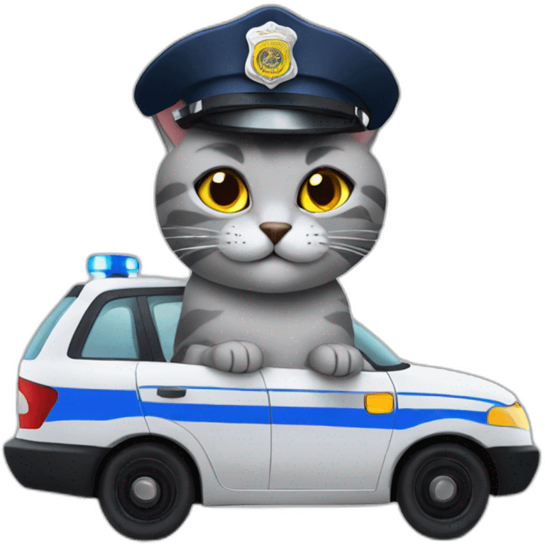 grey cat in a police hat in a police car emoji