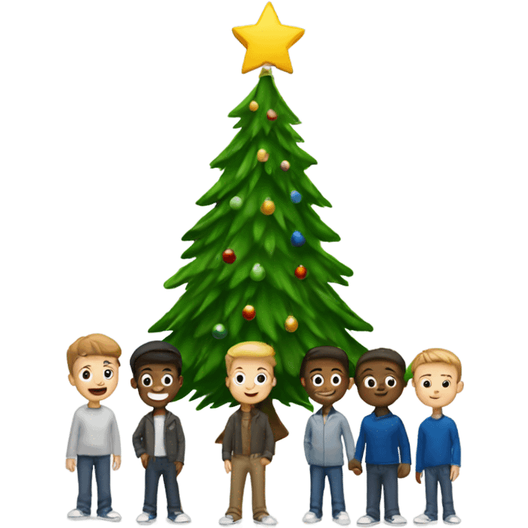 Six a white boys gathering round a Christmas tree and menorah   emoji