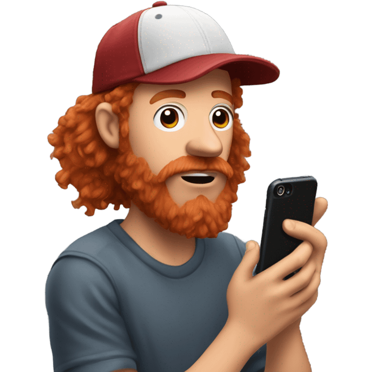 Homeless guy with medium length grizzly red hair wearing a flat bill baseball hat with lots of nose hair taking a video of himself on his phone emoji