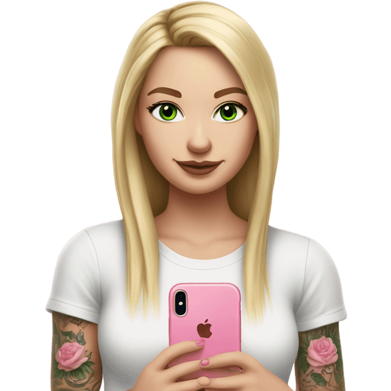 Realistic White girl with Long straight blonde hair, green eyes, tattoos, full body wearing white crop top, holding pink iphone emoji