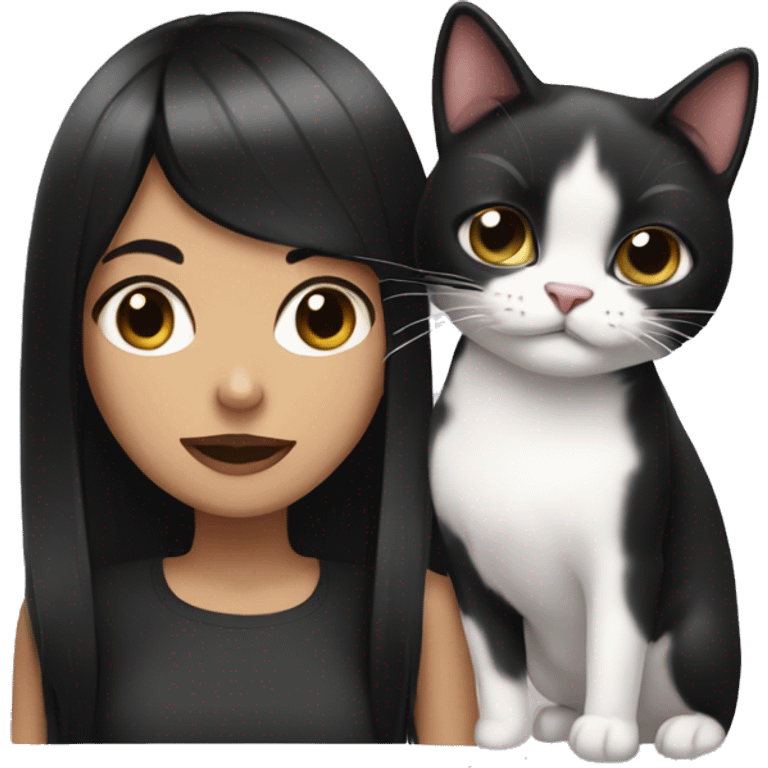 girl with straight black hair holding black and white cat with tongue out emoji