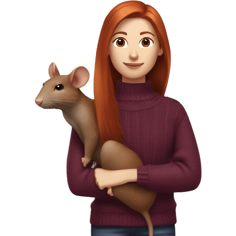 redhead girl with long hair and Dyson styling in a burgundy sweater and a rat on her shoulder emoji