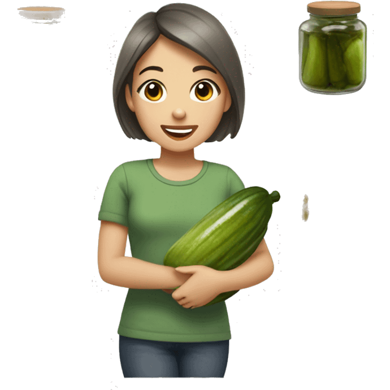 Smiling girl in kitchen, grey to brown short hair, green shirt holding a giant jar of pickles emoji