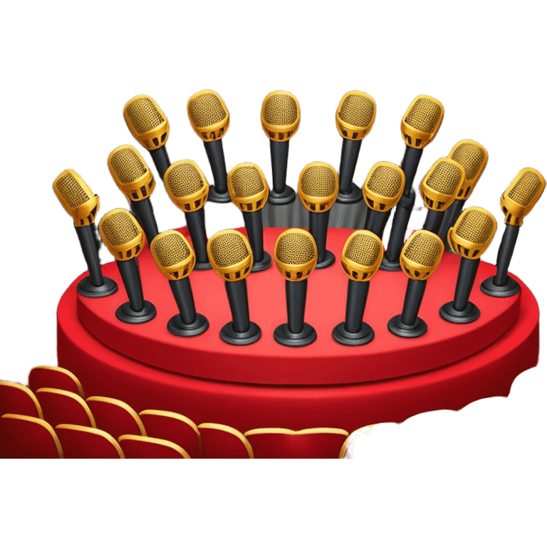 Create a vibrant and dynamic emoji that represents choral vocal performance. The design should feature 10 vintage stage microphones arranged in a semi-circle on a concert stage, symbolizing a vocal group or choir. Add musical notes flowing around the microphones to represent harmony and unity in the performance. Include concert lighting and a celebratory atmosphere to convey the excitement of live music. Use bright, bold colors like red, gold, and silver to emphasize the energy and glamour of the stage. The background should be transparent. emoji