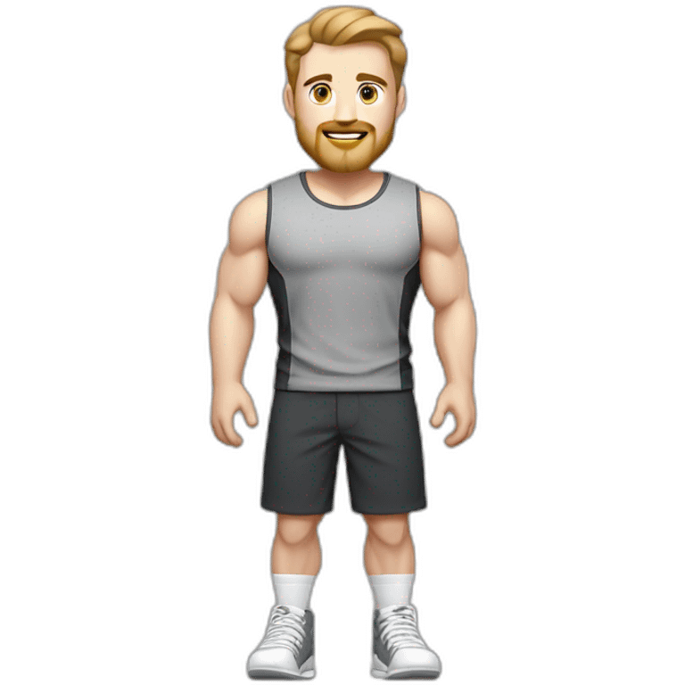 Full height Pale skinned fit man With biceps, Realistic eyes and mouth, light brown hair and stubble In dark gray sleeveless mike, black oversize sports shorts, watch and white sneakers. emoji