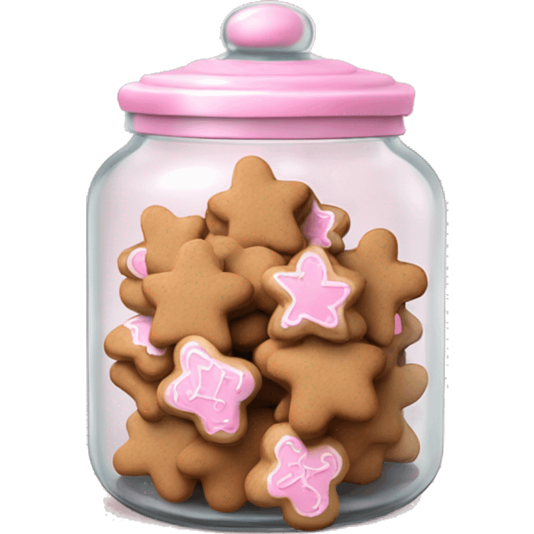 Realistic glass cookie jar with light pink lid full of gingerbread cookies isolated.  emoji