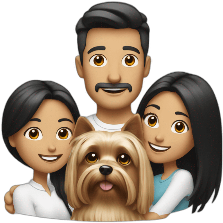 Family with a White man on hat and a White woman with long black hair and a small yorkshire terrier  dog emoji