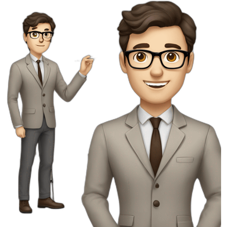 Pale skinned fit man with dark brown hair in gray jacket, beige office shirt, brown tie, brown pants and vintage glasses Writing on the flipchart emoji