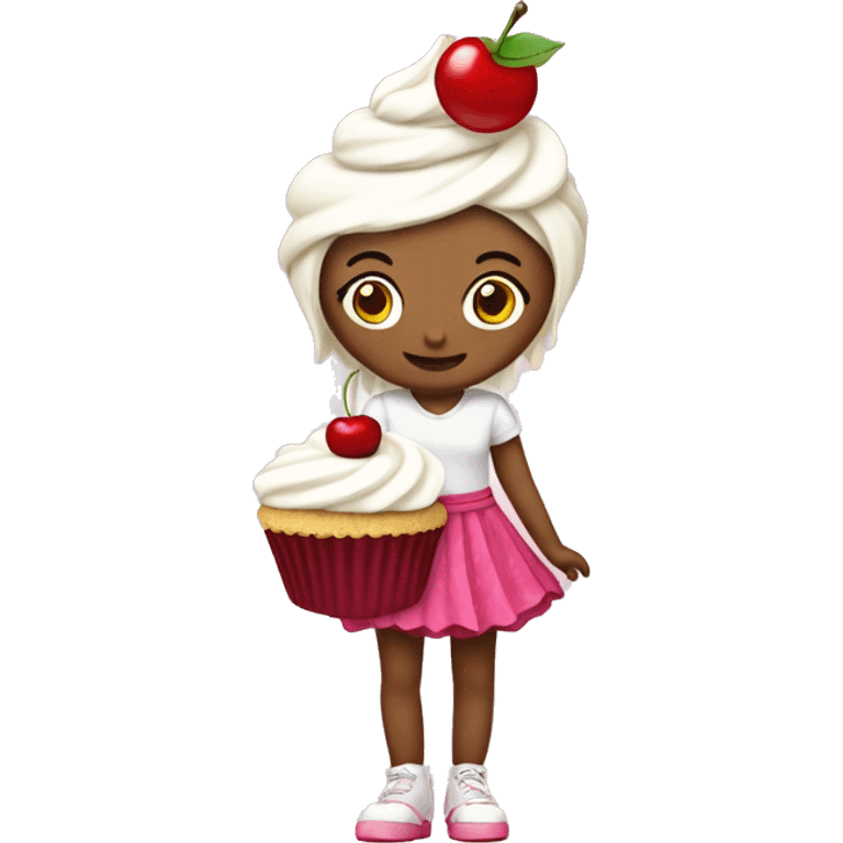 Cupcake themed girl, with cupcake case as a skirt, hair made of cream with a cherry in it emoji