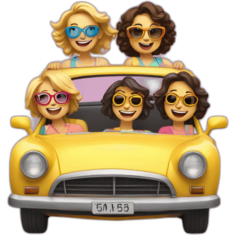 Coche con 5 chicas con gafas sonriendo emoji