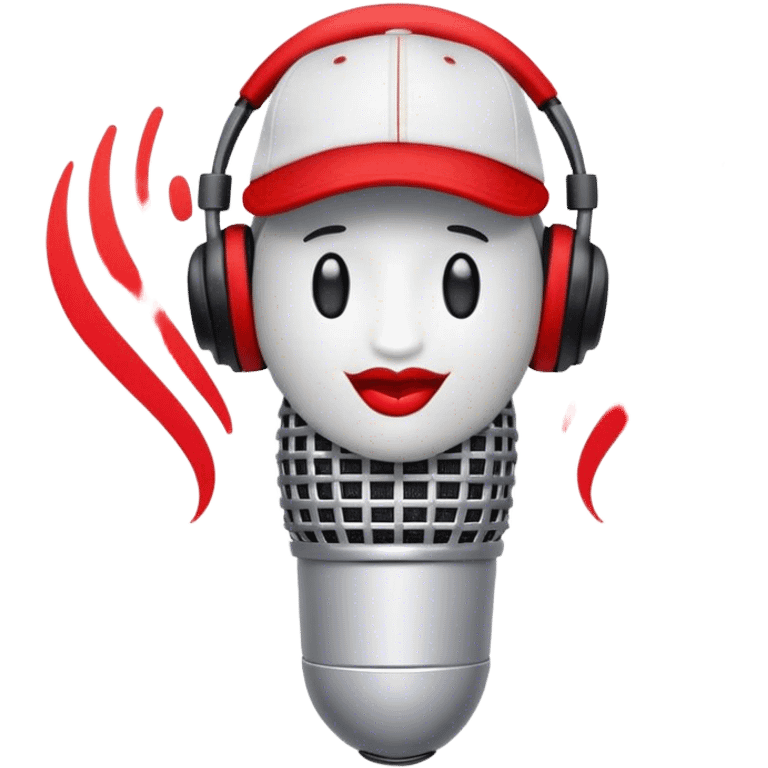 Create a dynamic and energetic emoji that represents beatboxing. The design should feature a stylized microphone with lips and sound waves emanating from it and baseball cap on it, symbolizing vocal percussion and rhythm. Add elements like headphones or a subtle speaker to emphasize the music production aspect. Use bold colors like black, white, and red to convey the intensity and creativity of beatboxing. The background should be transparent. emoji