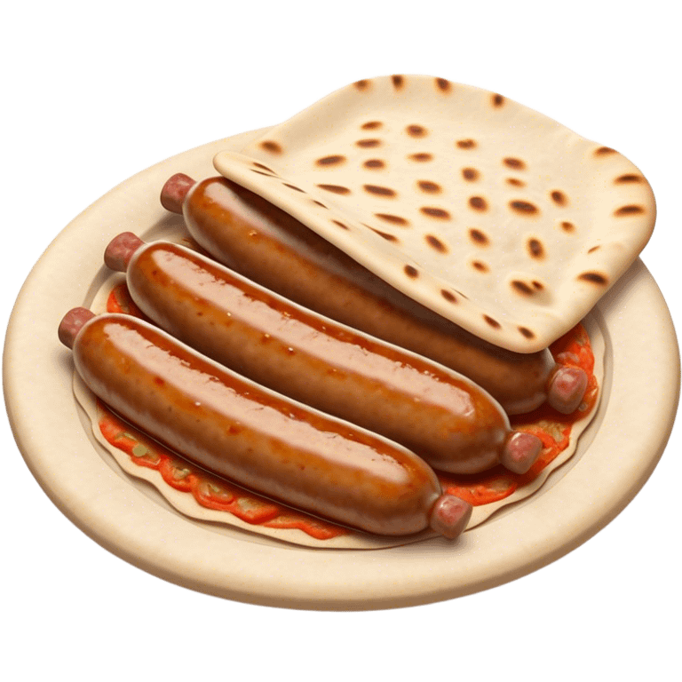 Cevapi Cinematic Realistic Cevapi Dish Emoji, depicted as modest, short, skinless sausages served with traditional flat bread, rendered with realistic textures and rustic, inviting lighting. emoji