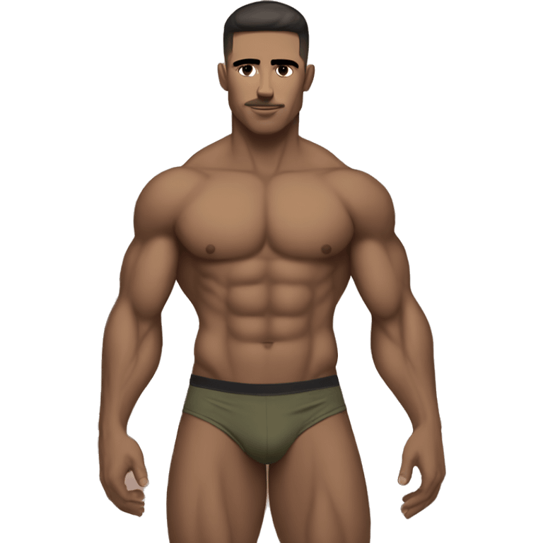 White skin, dark brown hair, hairy body, Bodybuilder, high and tight military haircut, wearing underwear emoji