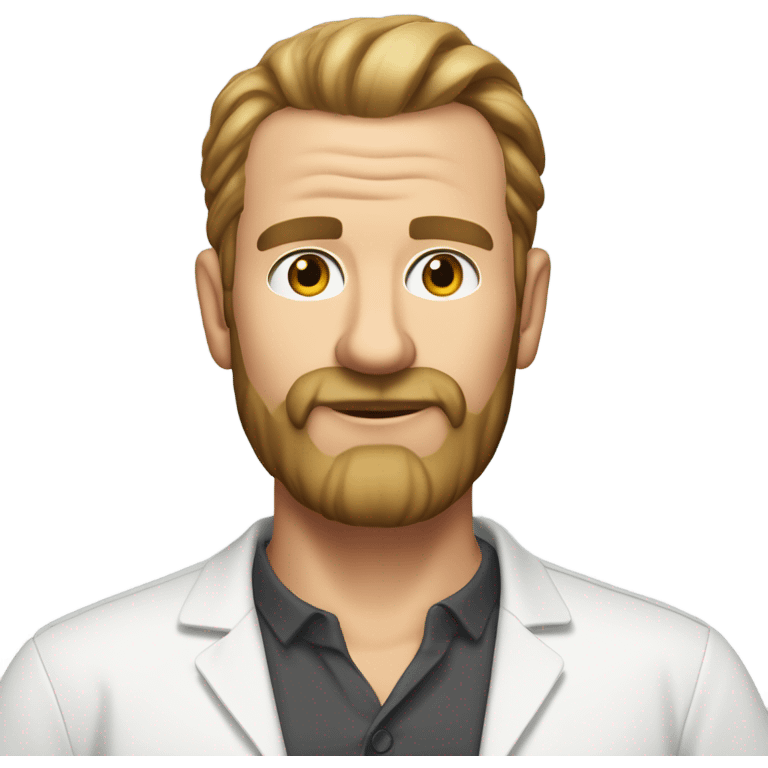 middle aged english man, short slicked back hair dark blonde, dark blonde medium length size full beard, wearing only a plain white smart shirt unbuttoned. emoji