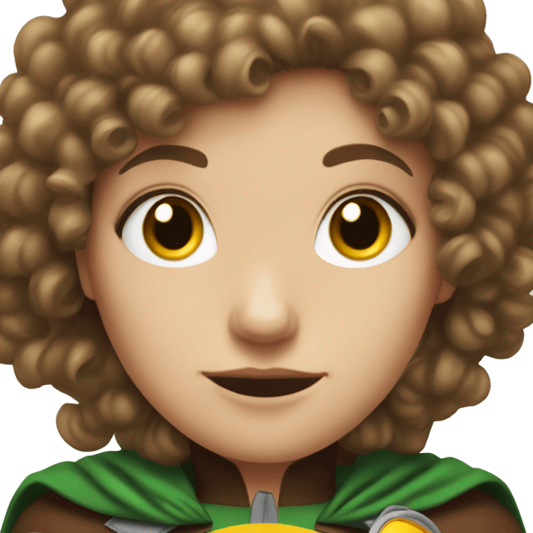 white girl with brown curly hair dressed as robin dc hero emoji