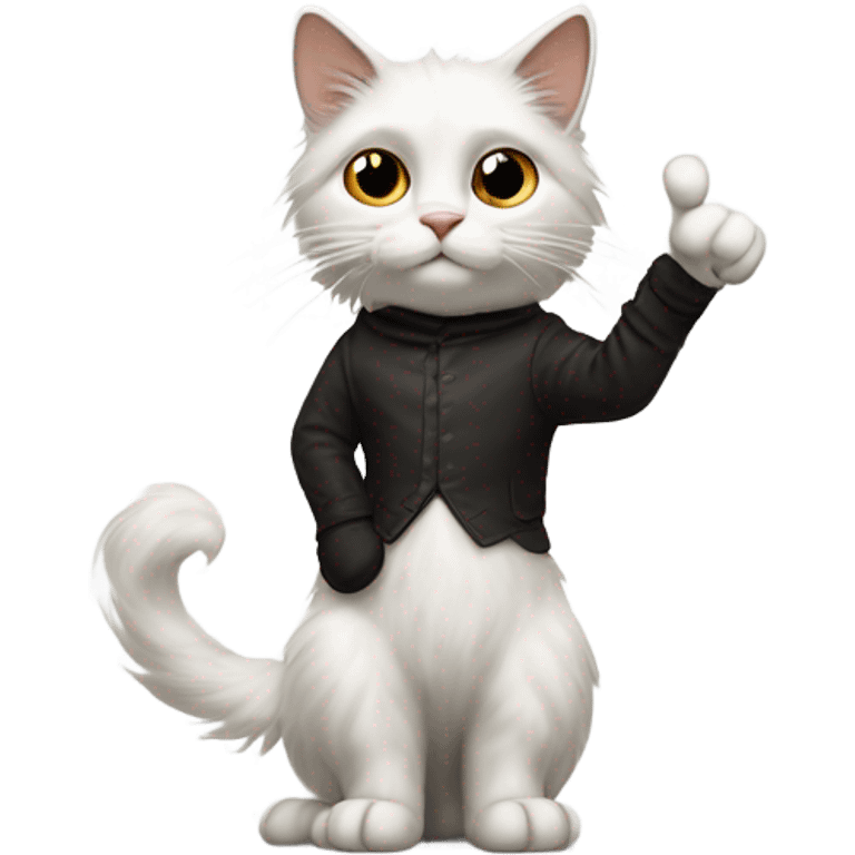 Long haired White cat with black and brown areas standing on hind legs like puss in boots giving middle fingers with both front paws  emoji