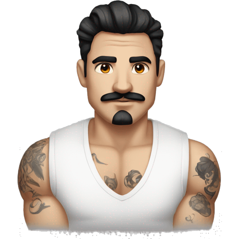 man with a white shirt and black hair, moustache, eyebrow scratch, ear ring and with an arm full of mini tattoos emoji