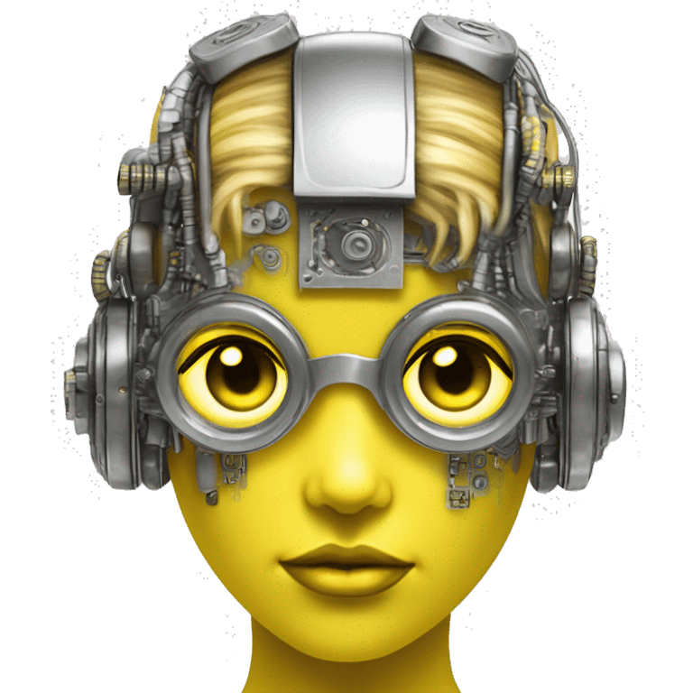 Neon yellow bobbed hair Caucasian female cyborg head with silver steampunk goggles and circuits emoji