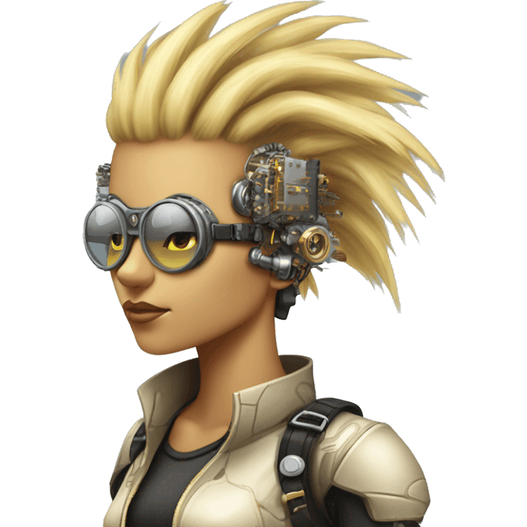 Light yellow Mohawk hair female cyborg head, tan skin, steampunk goggles and circuits emoji