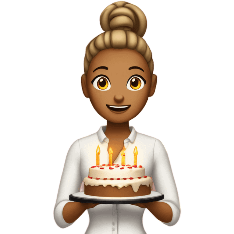 tanned girl with a ponytail bun holding a large cake with the candles lit singing emoji