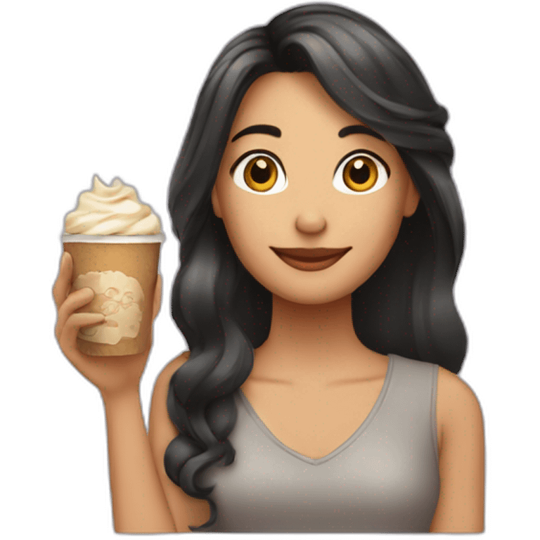 Chica de cabello largo cafe con un movil en la mano emoji