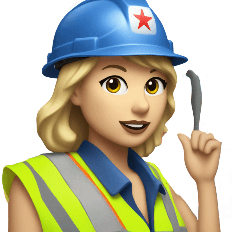 Taylor Swift is a construction worker wearing a patriotic dress with a neon yellow safety vest over the dress. she also has a hard hat and a patriotic patch on the vest emoji