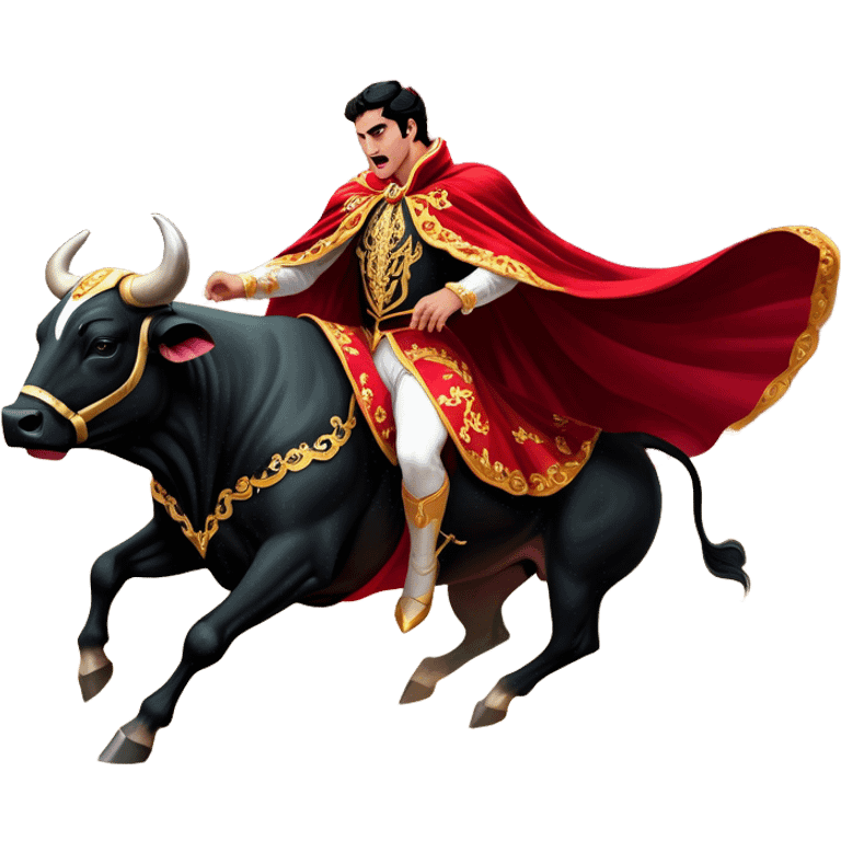 ​Cinematic Realistic Spanish Matador in Action, depicted in an ornate traje de luces with a flowing red cape, captured in the dramatic moment of confronting a charging bull in a traditional bullring, rendered with dynamic motion and dramatic lighting that encapsulates the intensity and artistry of the spectacle, emoji