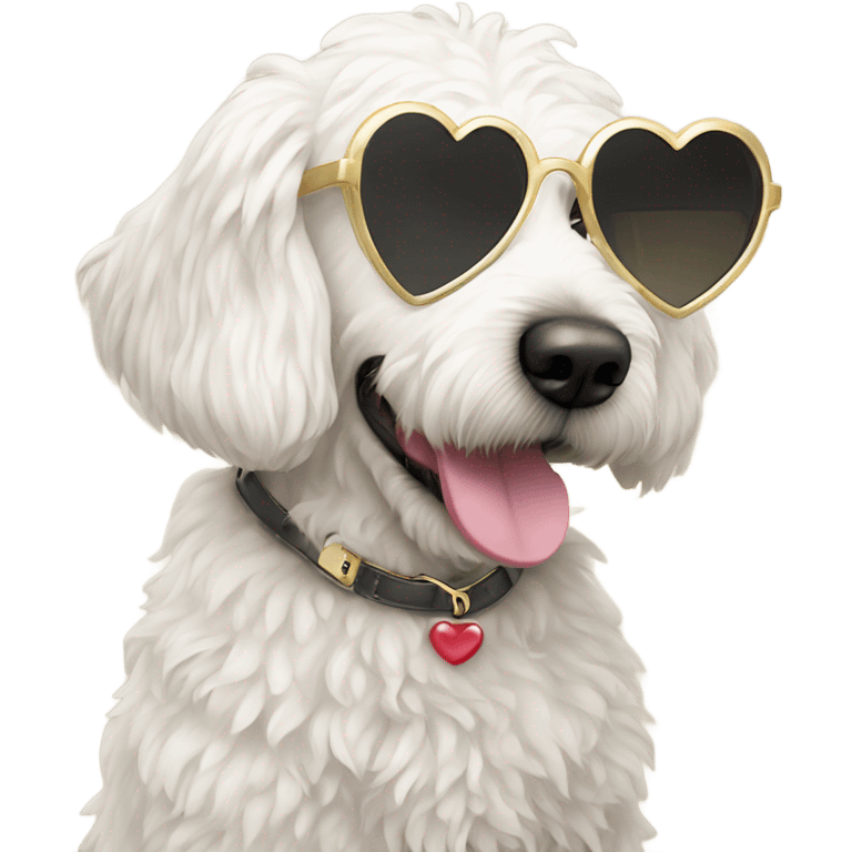 White golden doodle with heart glasses emoji