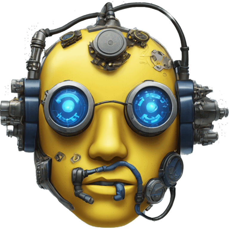 Yellow cyborg head with dark blue steampunk goggles and circuitry emoji