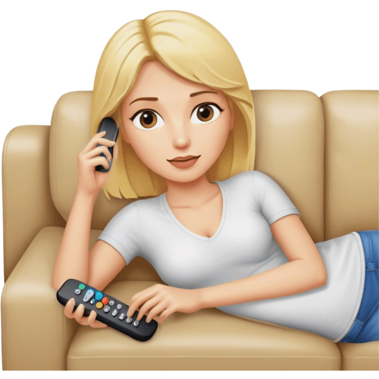 a blonde woman laying in a coach with a remote in her hand emoji