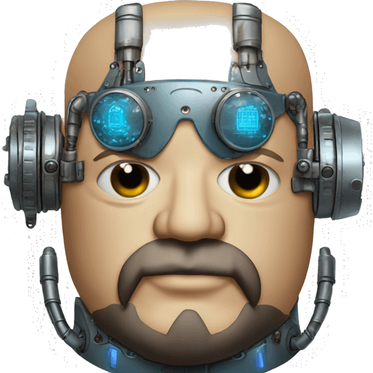 Bearded Fat bald cyborg head with tan skin, blue steampunk goggles and circuits emoji