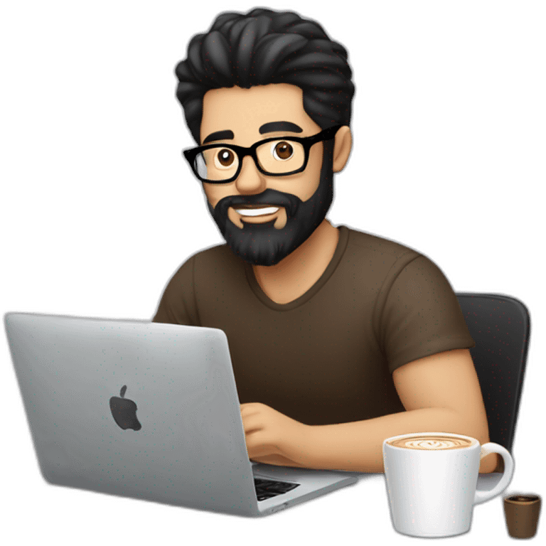 Designer with black hair, beard and glasses working with MacBook and drinking cappuccino  emoji