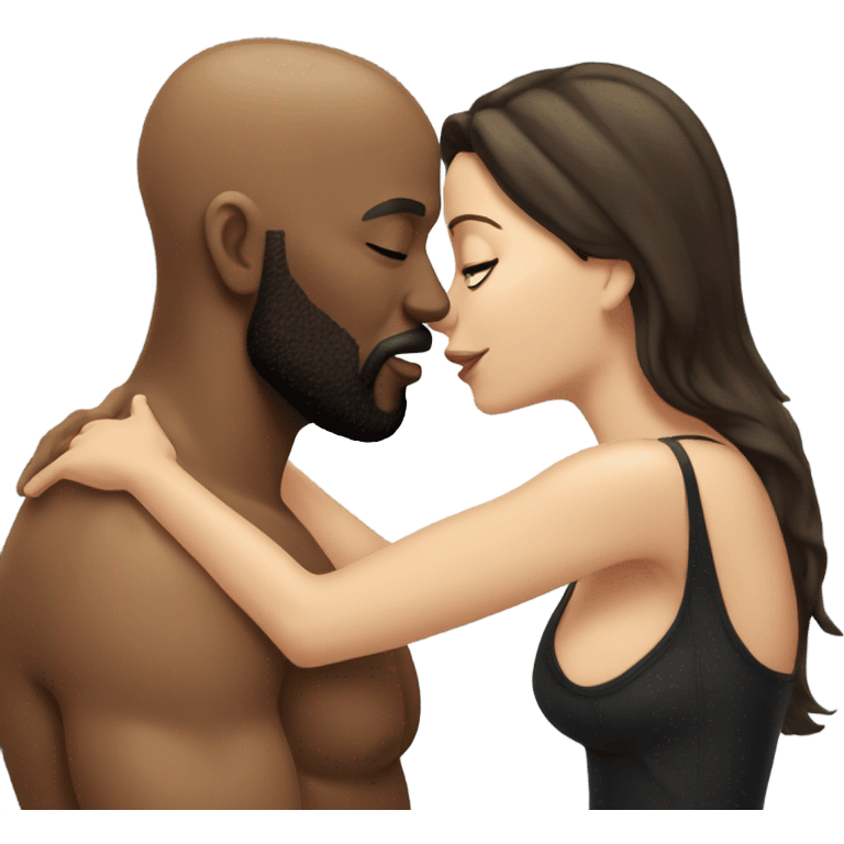 White brunette kissing muscular black bald man with beard emoji