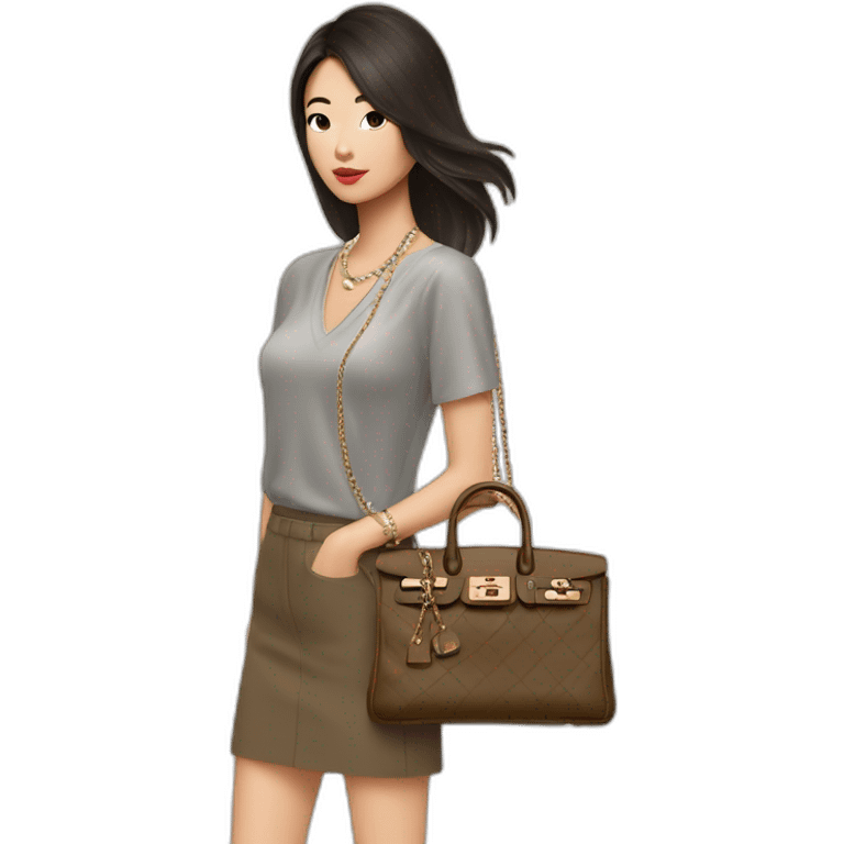 brunette Asian girl with Birkin bag and Chanel necklace emoji