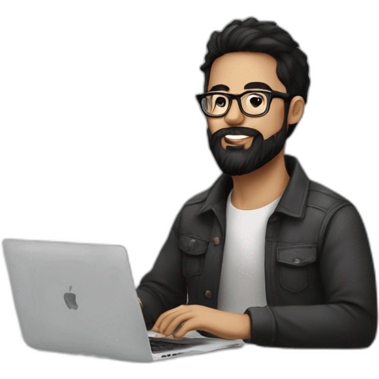 Designer with black hair, beard and glasses working with MacBook and drinking cappuccino  emoji