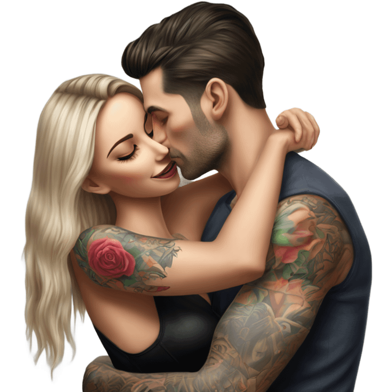 Hyper Realistic beautiful woman in the arms of a very handsome tattooed man kissing on a sofa emoji