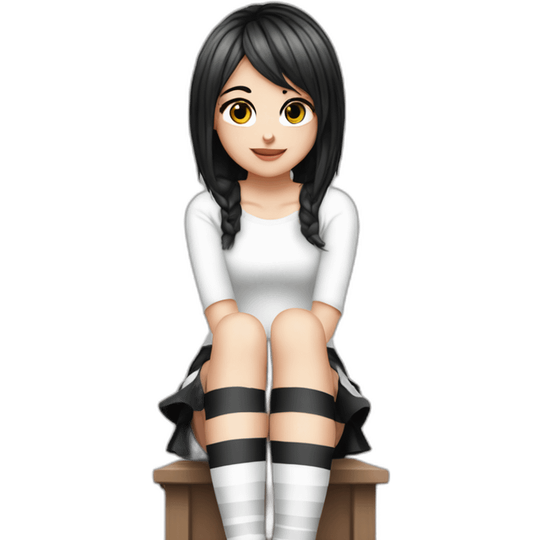 Frontal view curvy emo girl sits white skirt striped stockings hands up emoji