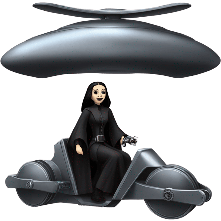 Jedi teen Morticia Addams flying a old Jumpspeeder anti-gravity repulsorlift powered by an imperial speeder steampunk  emoji