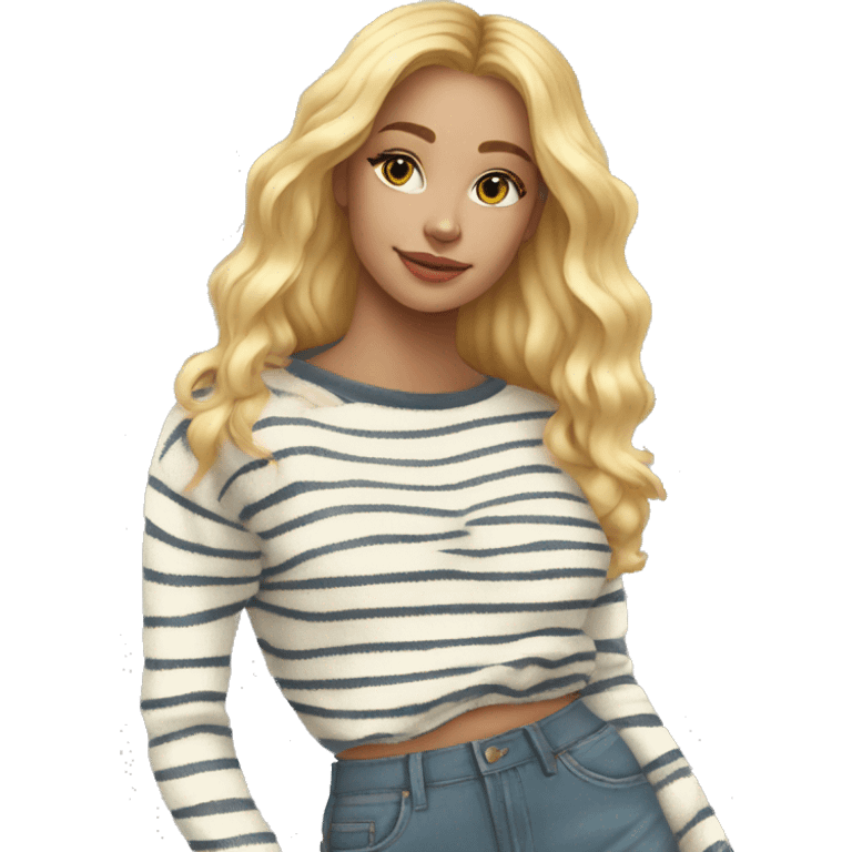 Striped white and yellow sweater on thin blonde haired girl with cute flare jeans emoji