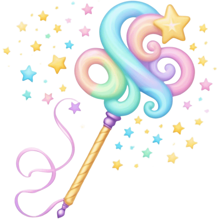 Cinematic cute magical wand, pastel swirls of color, tiny twinkling stars floating around, glowing softly, chubby rounded edges, whimsical and dreamy. emoji