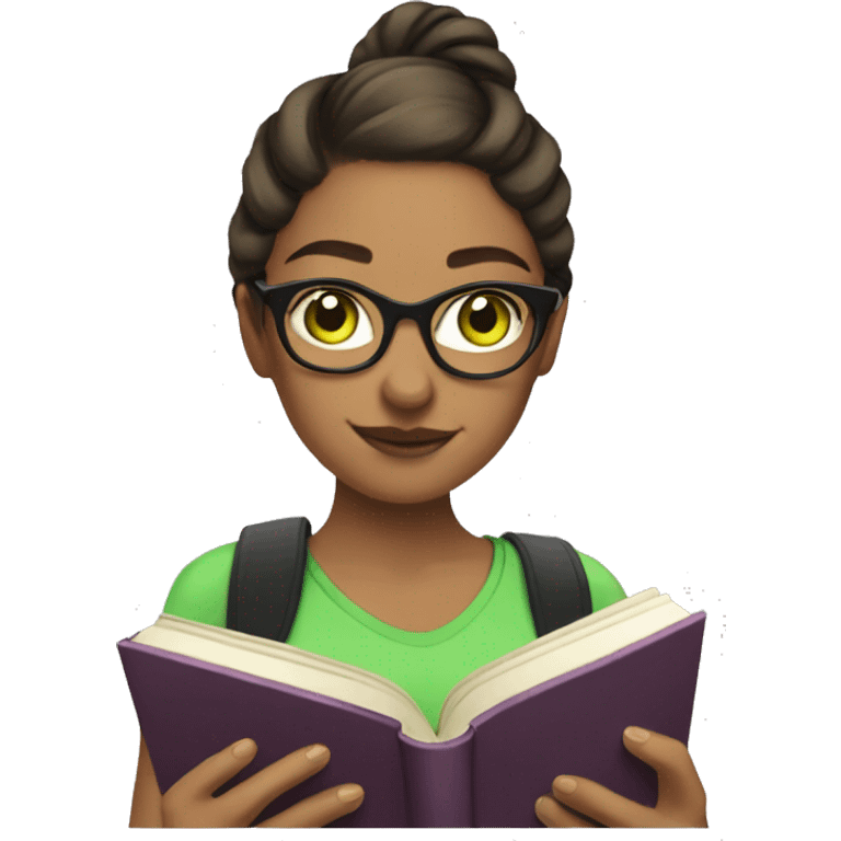 woman ponytail no bangs glasses green eyes holding books libra emoji