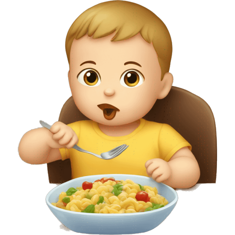 A baby eat his first food in the chair for kids by the table  emoji